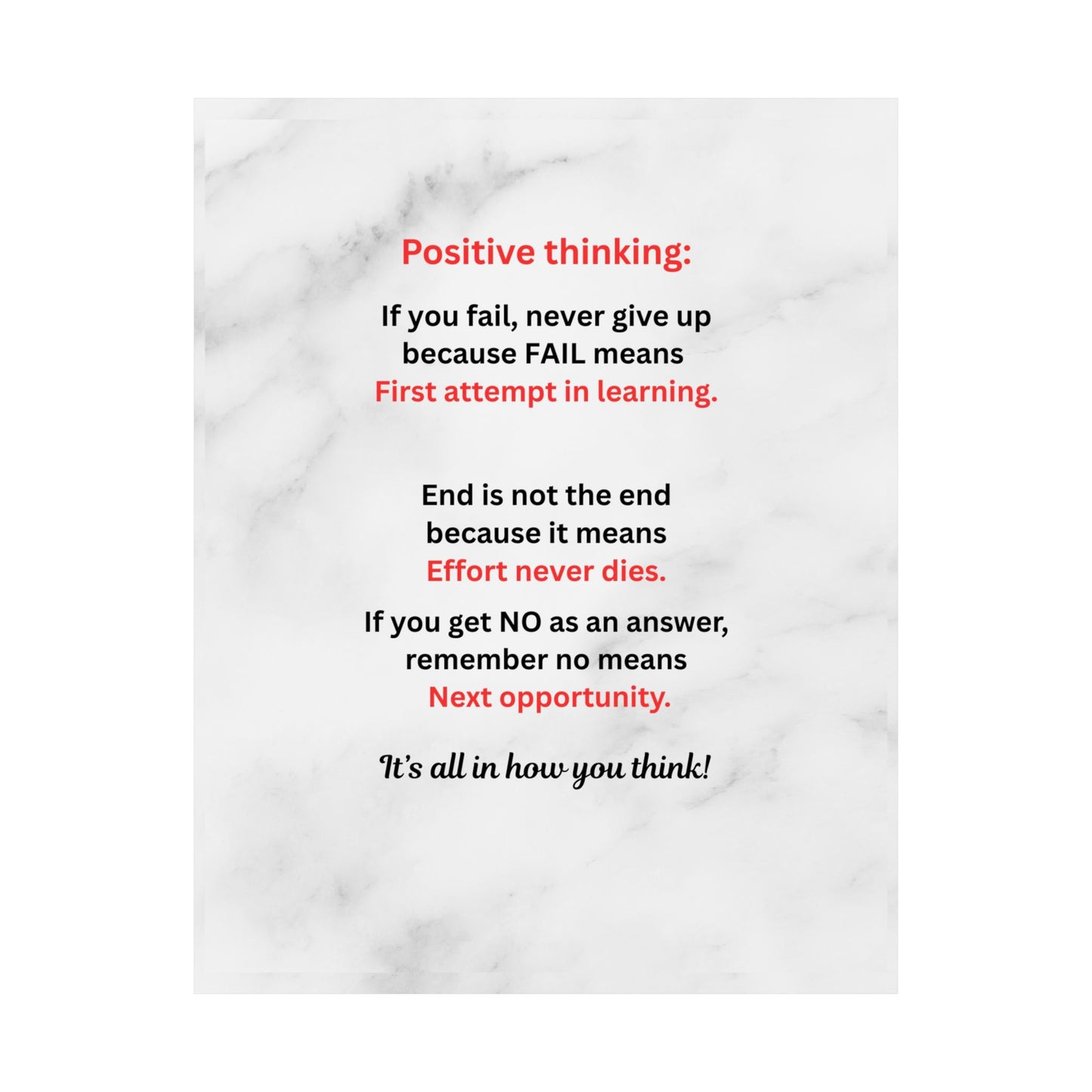 Motivational Poster — "Positive Thinking" Marble Wall Art