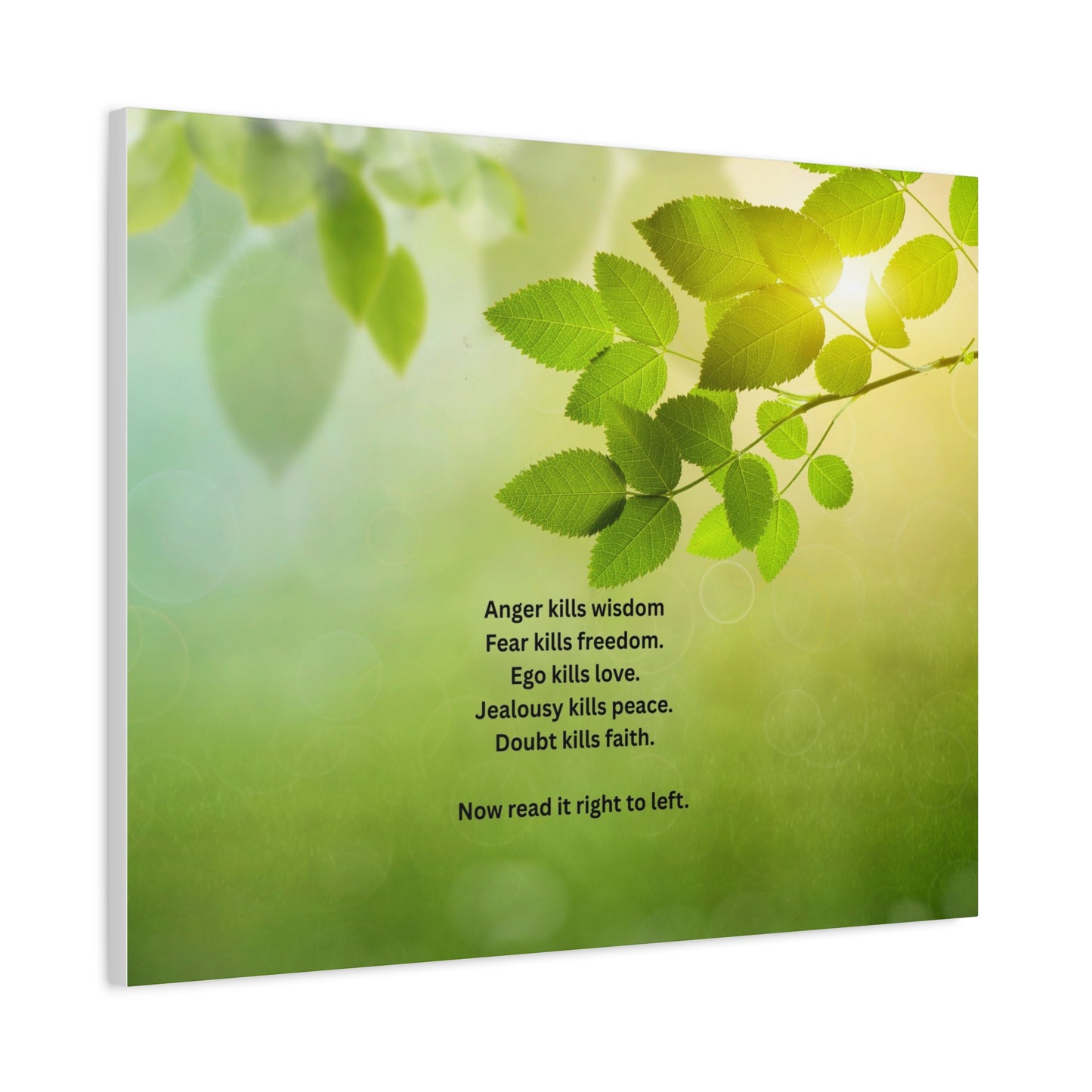 Inspirational Leaf Canvas Wall Art — "Anger kills wisdom... Now read it right to left"