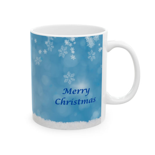 Holiday Snowman Ceramic Mug — Merry Christmas Blue Ornament Design (11oz, 15oz)
