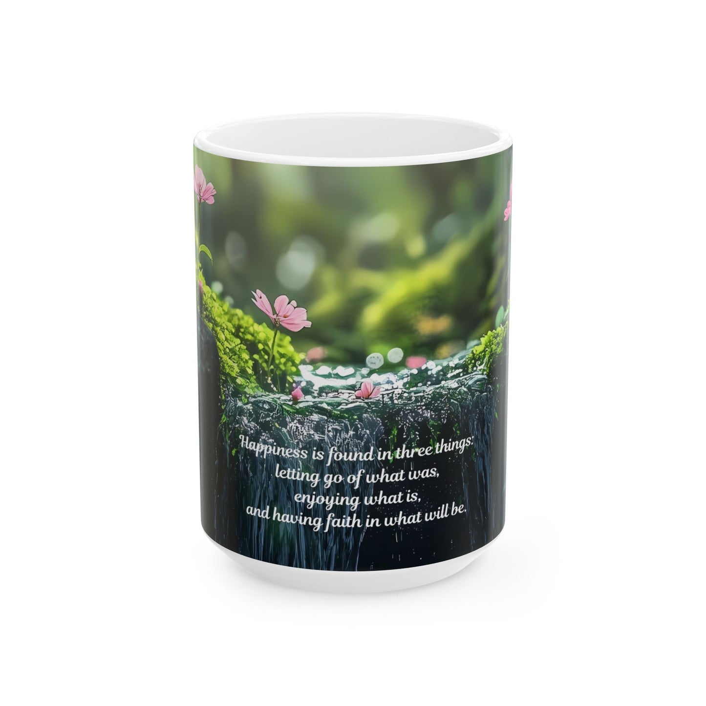 Inspirational Nature Ceramic Mug – “Happiness is Found” Quote (11oz & 15oz)