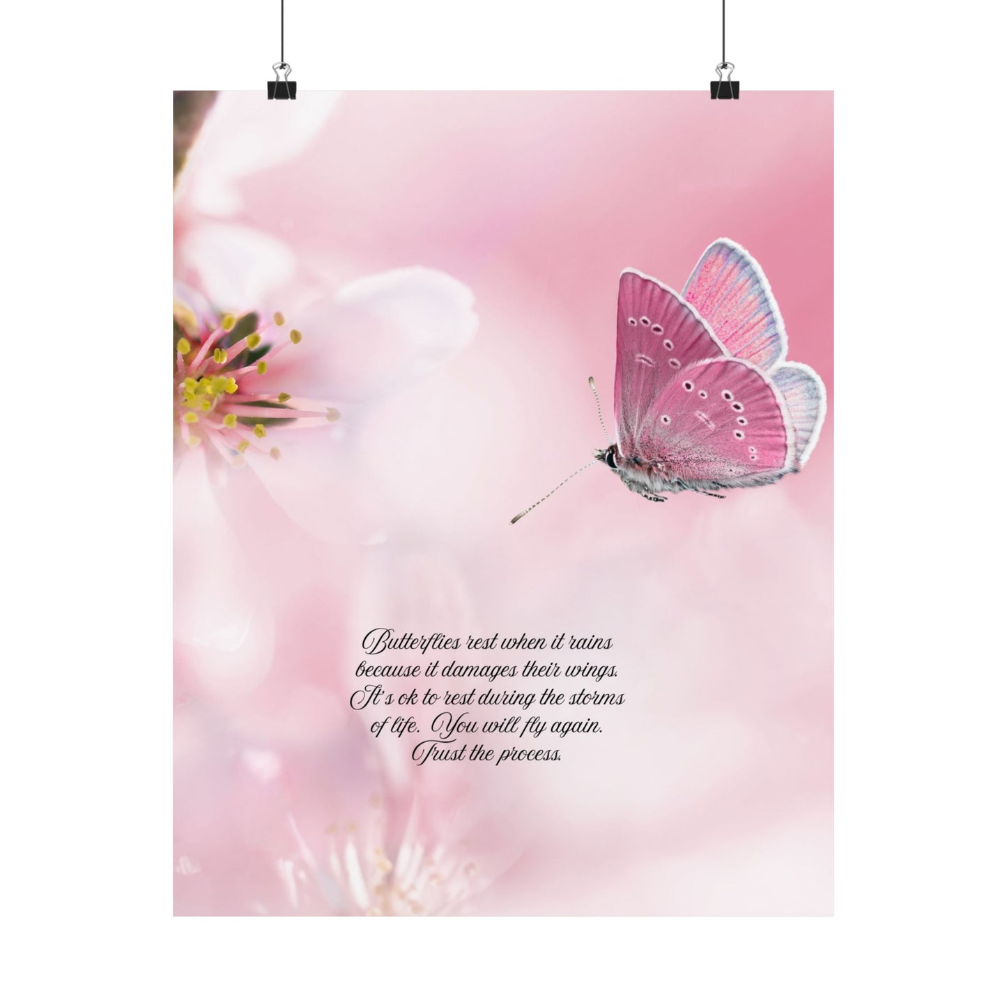 Butterfly Inspirational Vertical Poster, Pink Floral Art Decor, Nature Wall Art, Gift for Her, Motivational Quotes, Home Decoration