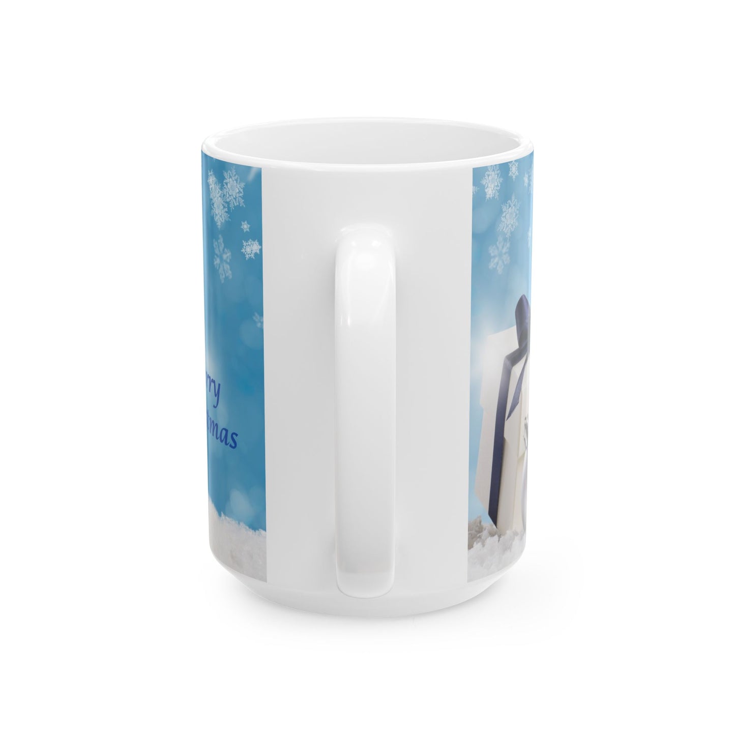 Holiday Snowman Ceramic Mug — Merry Christmas Blue Ornament Design (11oz, 15oz)