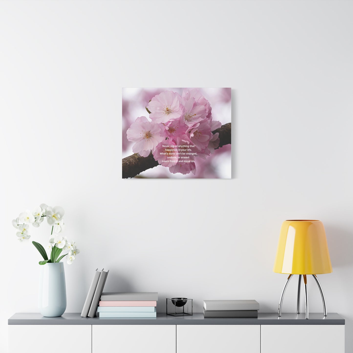 Cherry Blossom Canvas Wall Art with Inspirational Quote — "Never regret anything"