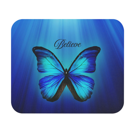 Butterfly Blue Mouse Pad - Inspirational Office Decor, Gift for Students, Believe Motif, Unique Desk Accessory