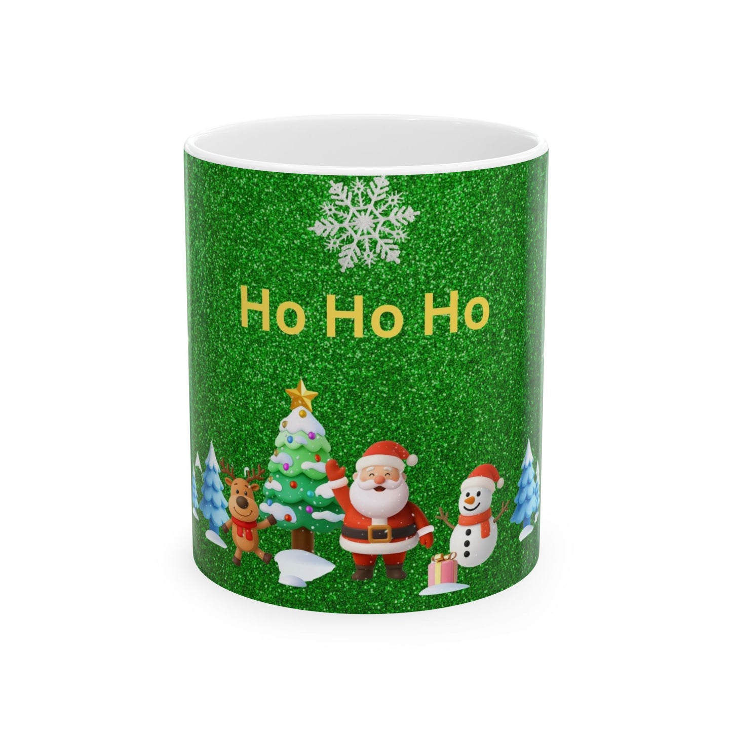 Holiday Ceramic Mug - 'Ho Ho Ho' Christmas Santa, Snowman & Tree Design (11oz/15oz)