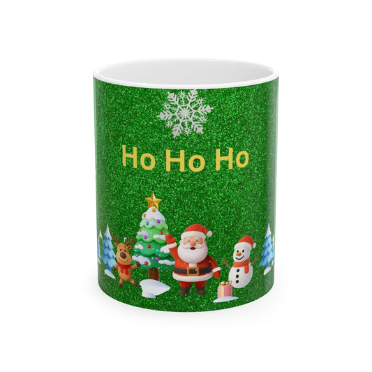 Holiday Ceramic Mug - 'Ho Ho Ho' Christmas Santa, Snowman & Tree Design (11oz/15oz)