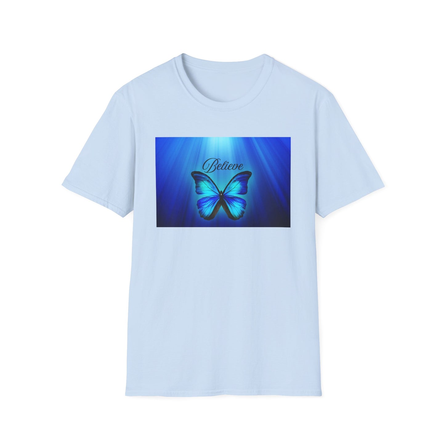 Believe Butterfly Softstyle T-Shirt, Inspirational Tee, Gift for Nature Lovers, Motivational Apparel, Summer Outfit, Colorful Shirt