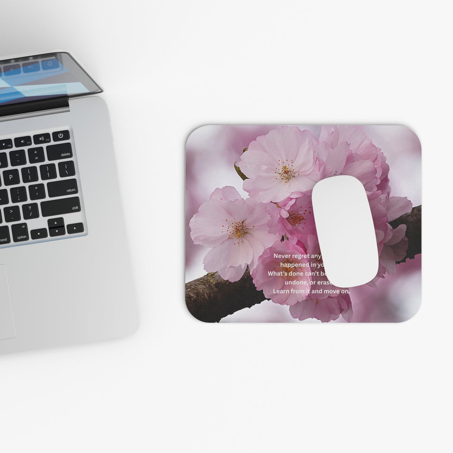 Cherry Blossom Mouse Pad with Inspiring Quote — 'Never Regret' Floral Desk Mat