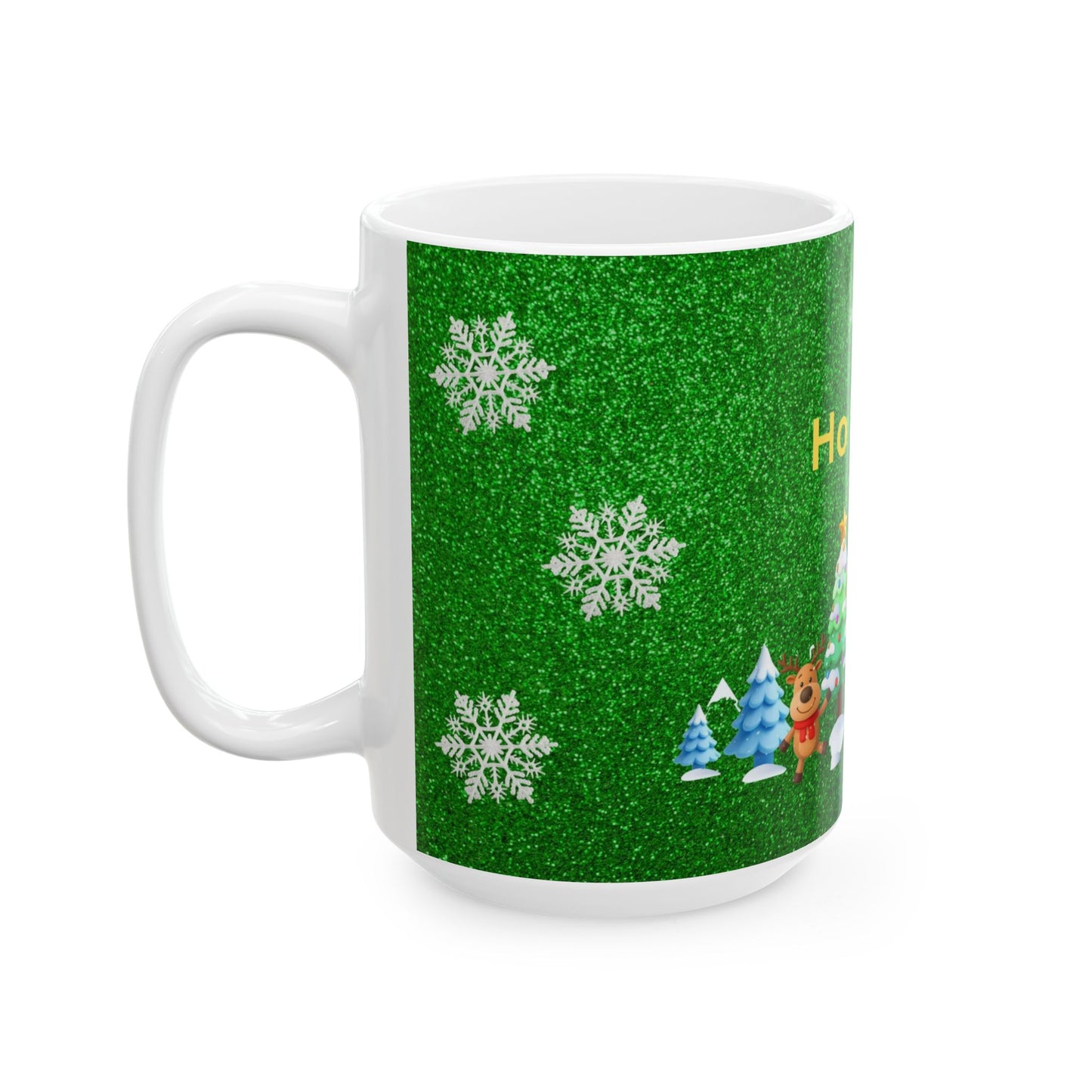 Holiday Ceramic Mug - 'Ho Ho Ho' Christmas Santa, Snowman & Tree Design (11oz/15oz)