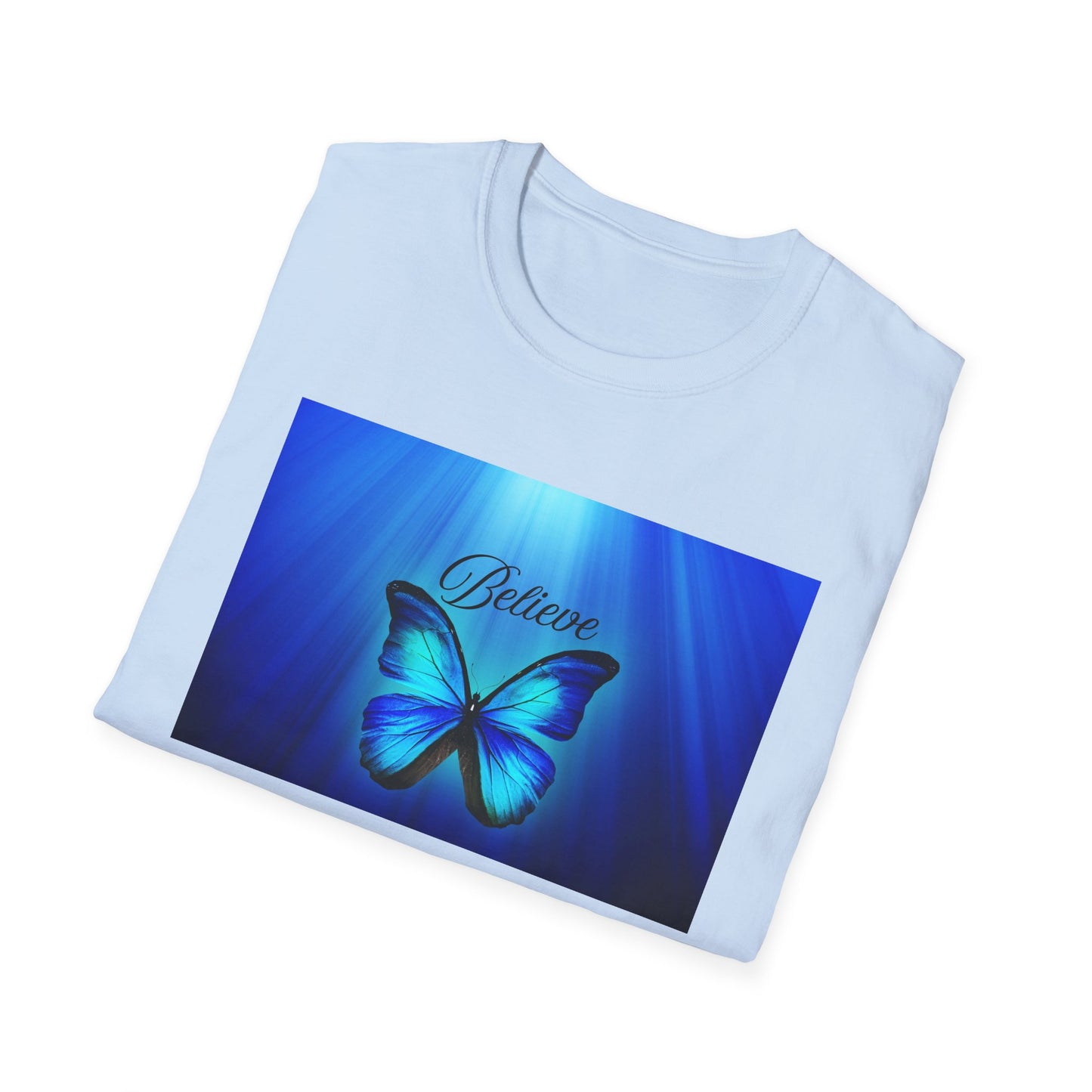 Believe Butterfly Softstyle T-Shirt, Inspirational Tee, Gift for Nature Lovers, Motivational Apparel, Summer Outfit, Colorful Shirt