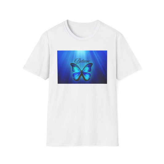 Believe Butterfly Softstyle T-Shirt, Inspirational Tee, Gift for Nature Lovers, Motivational Apparel, Summer Outfit, Colorful Shirt