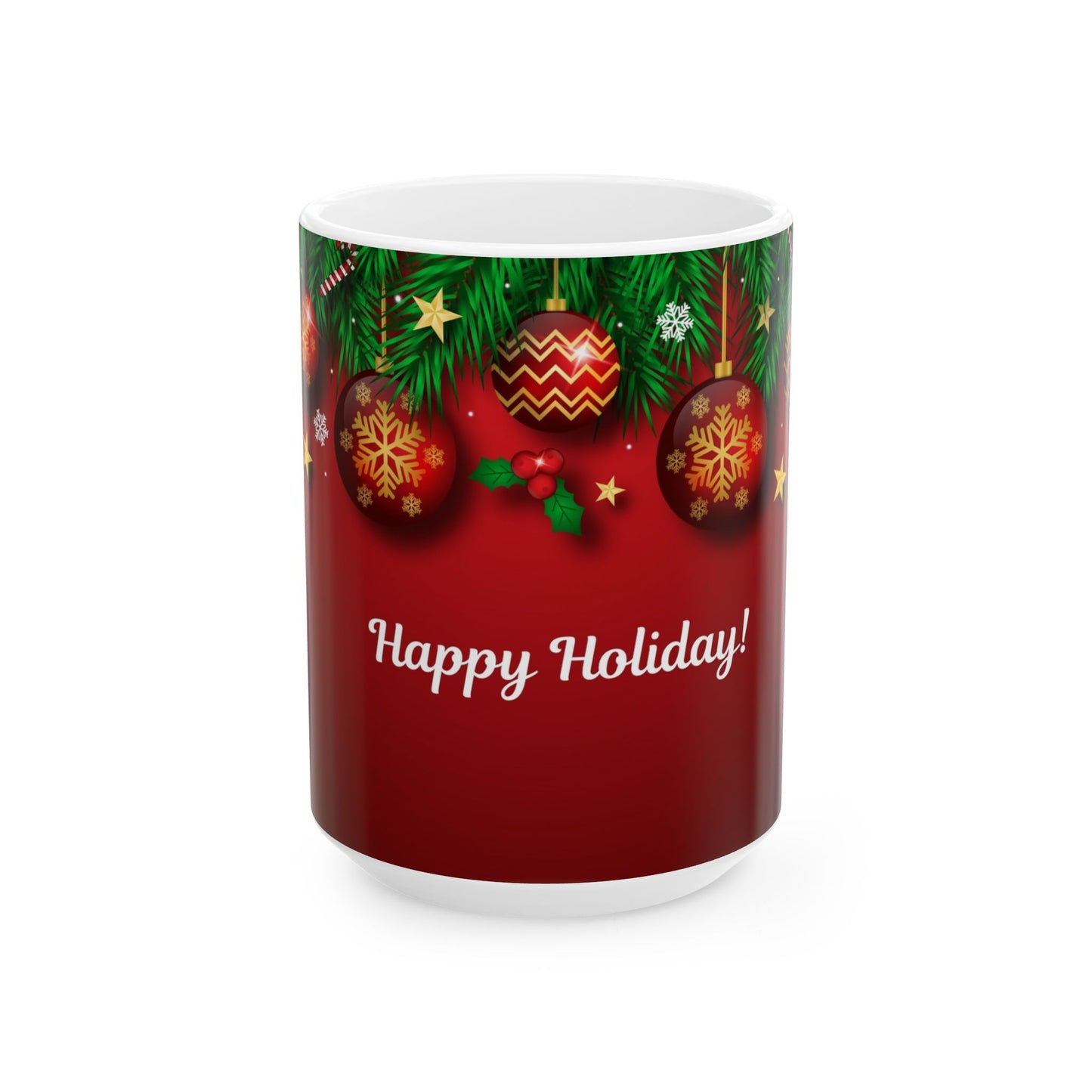 Happy Holiday Ceramic Mug — Festive Christmas Ornaments (11oz & 15oz)