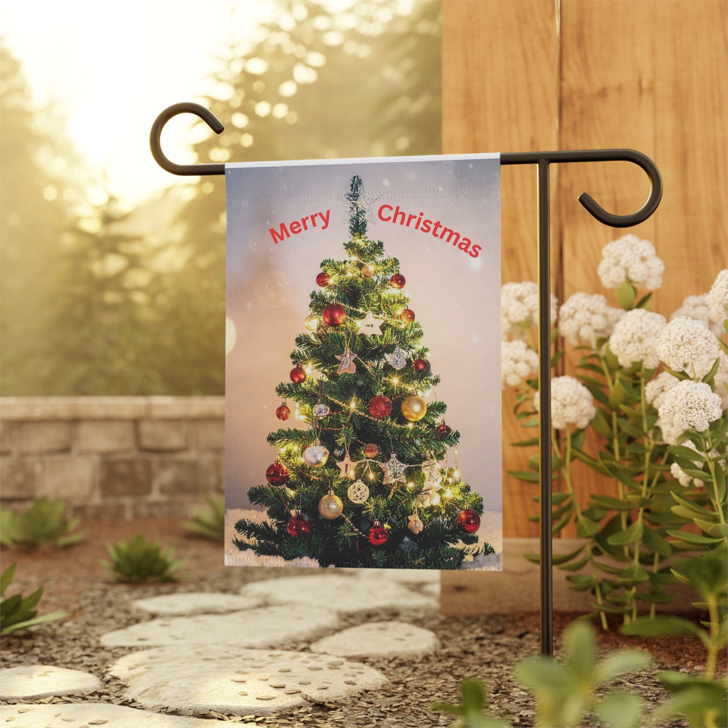 Merry Christmas Garden Flag — Holiday Outdoor Banner with Decorated Christmas Tree