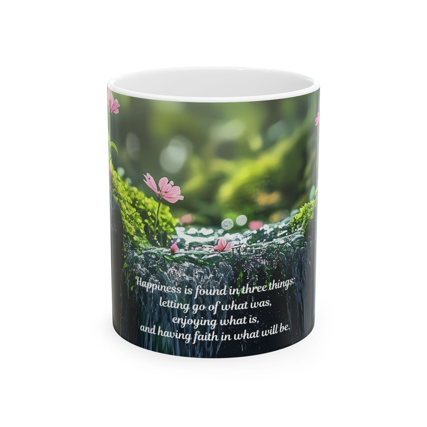 Inspirational Nature Ceramic Mug – “Happiness is Found” Quote (11oz & 15oz)