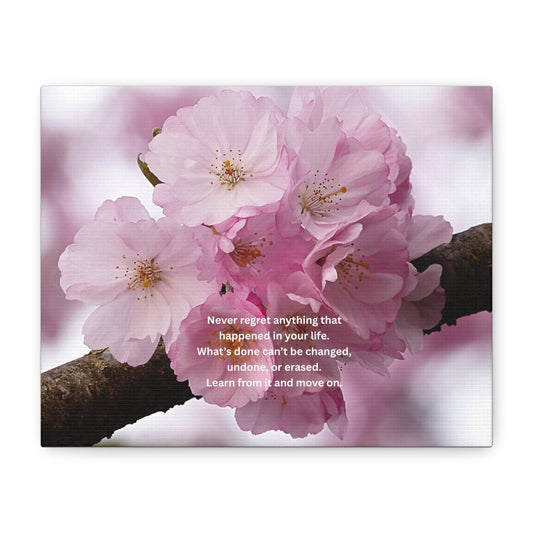 Cherry Blossom Canvas Wall Art with Inspirational Quote — "Never regret anything"