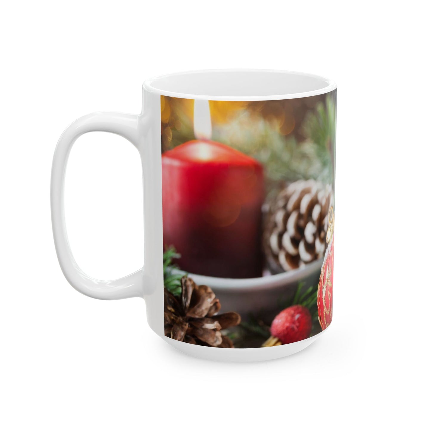 Christmas Ornament & Candle Ceramic Mug — Festive Holiday Coffee Cup (11oz, 15oz)