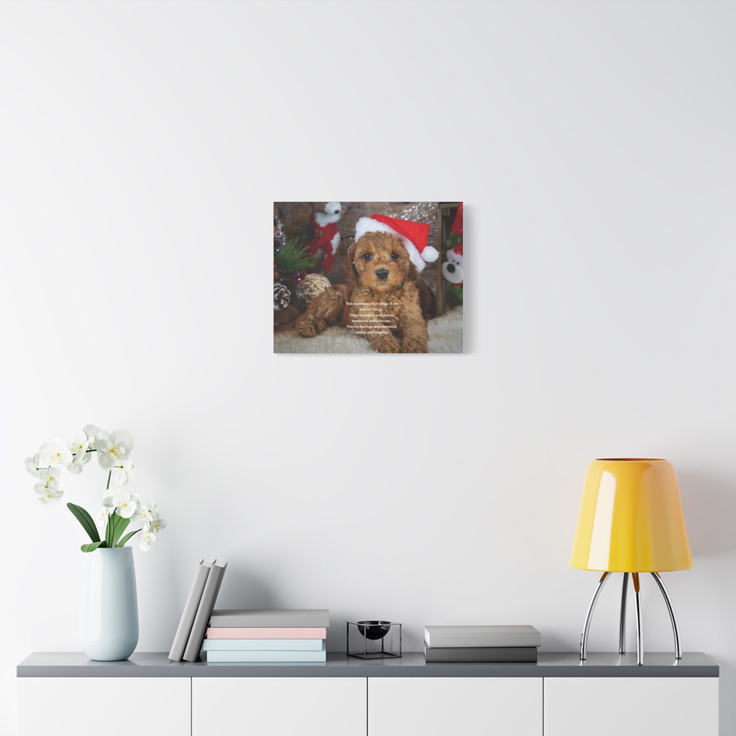 Christmas Puppy Canvas Wall Art — Holiday Dog Photo with Santa Hat & Inspirational Quote