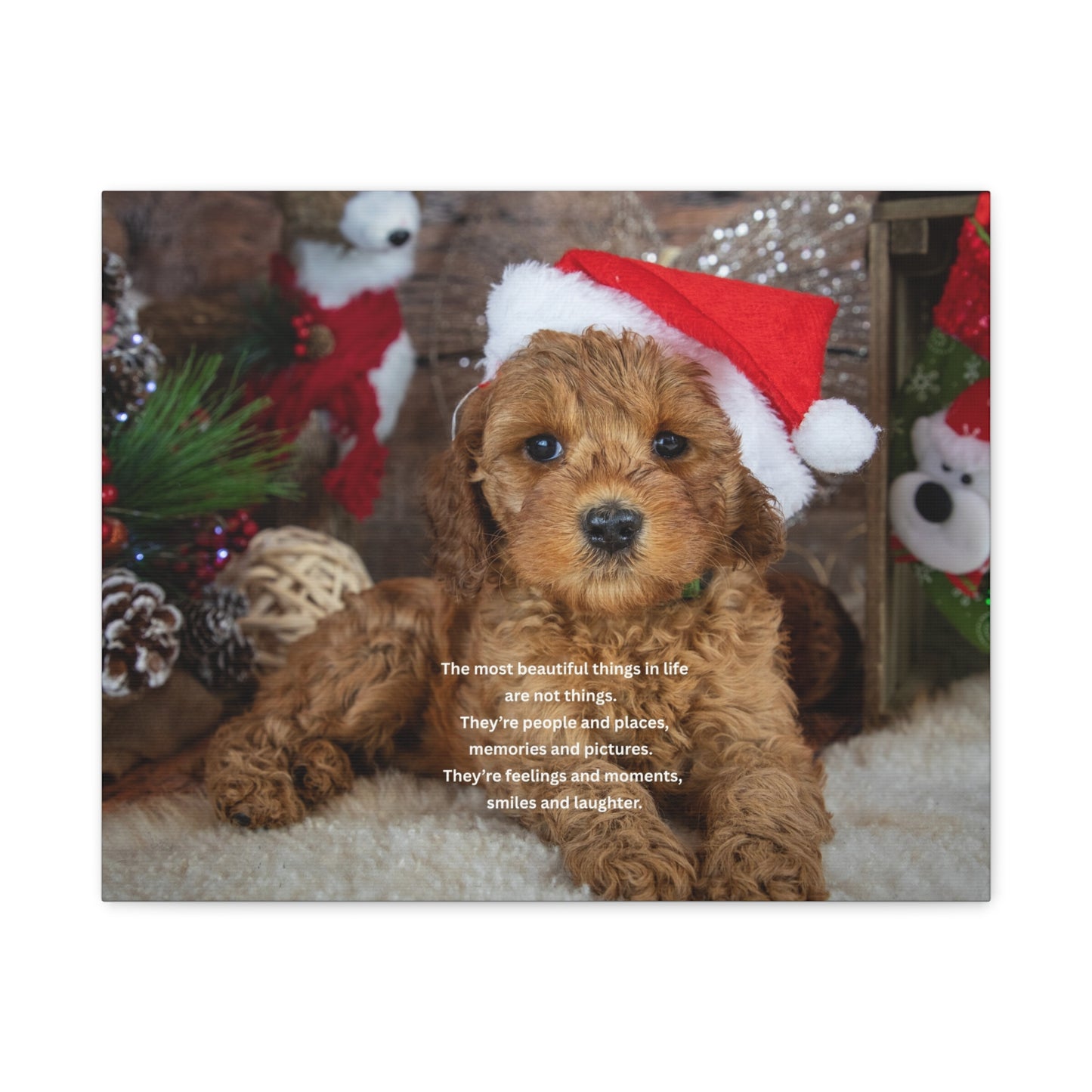 Christmas Puppy Canvas Wall Art — Holiday Dog Photo with Santa Hat & Inspirational Quote