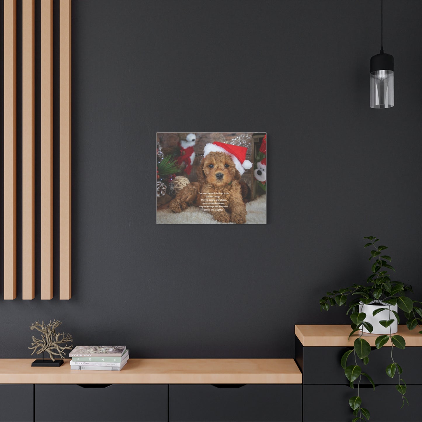 Christmas Puppy Canvas Wall Art — Holiday Dog Photo with Santa Hat & Inspirational Quote