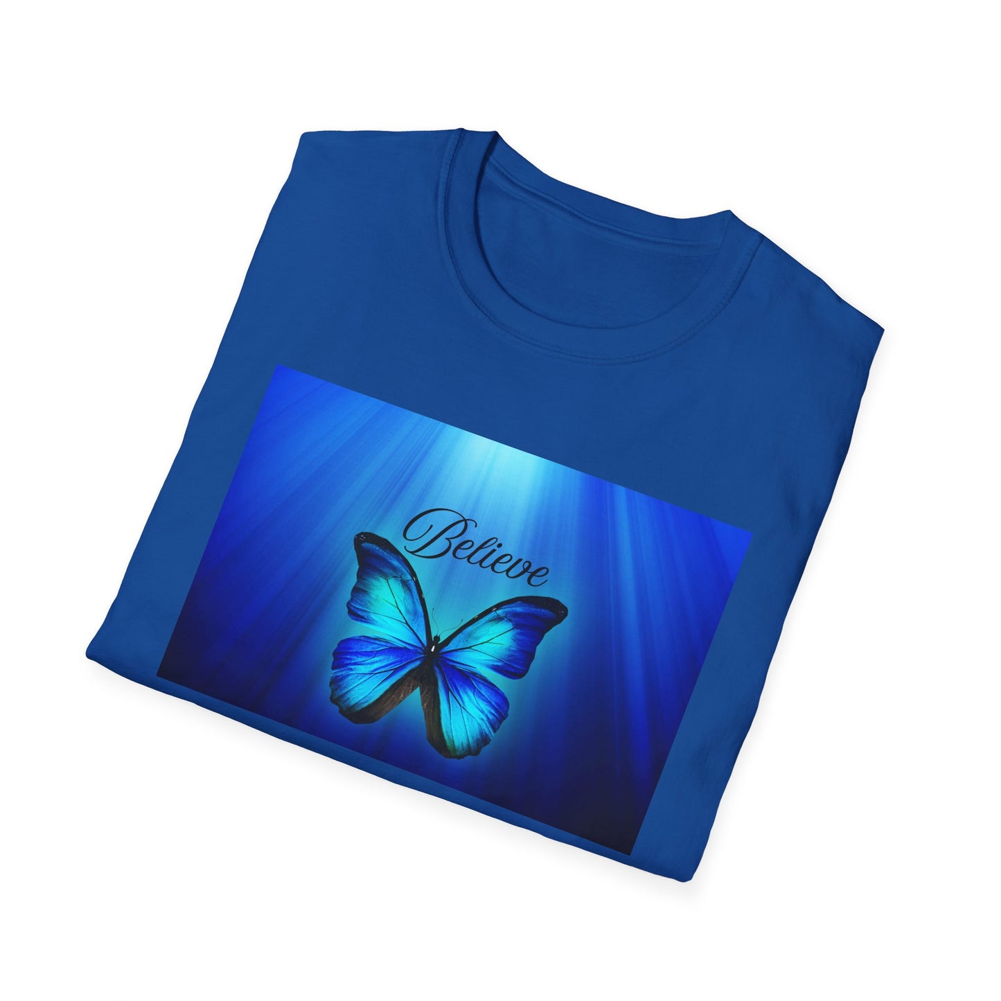 Believe Butterfly Softstyle T-Shirt, Inspirational Tee, Gift for Nature Lovers, Motivational Apparel, Summer Outfit, Colorful Shirt