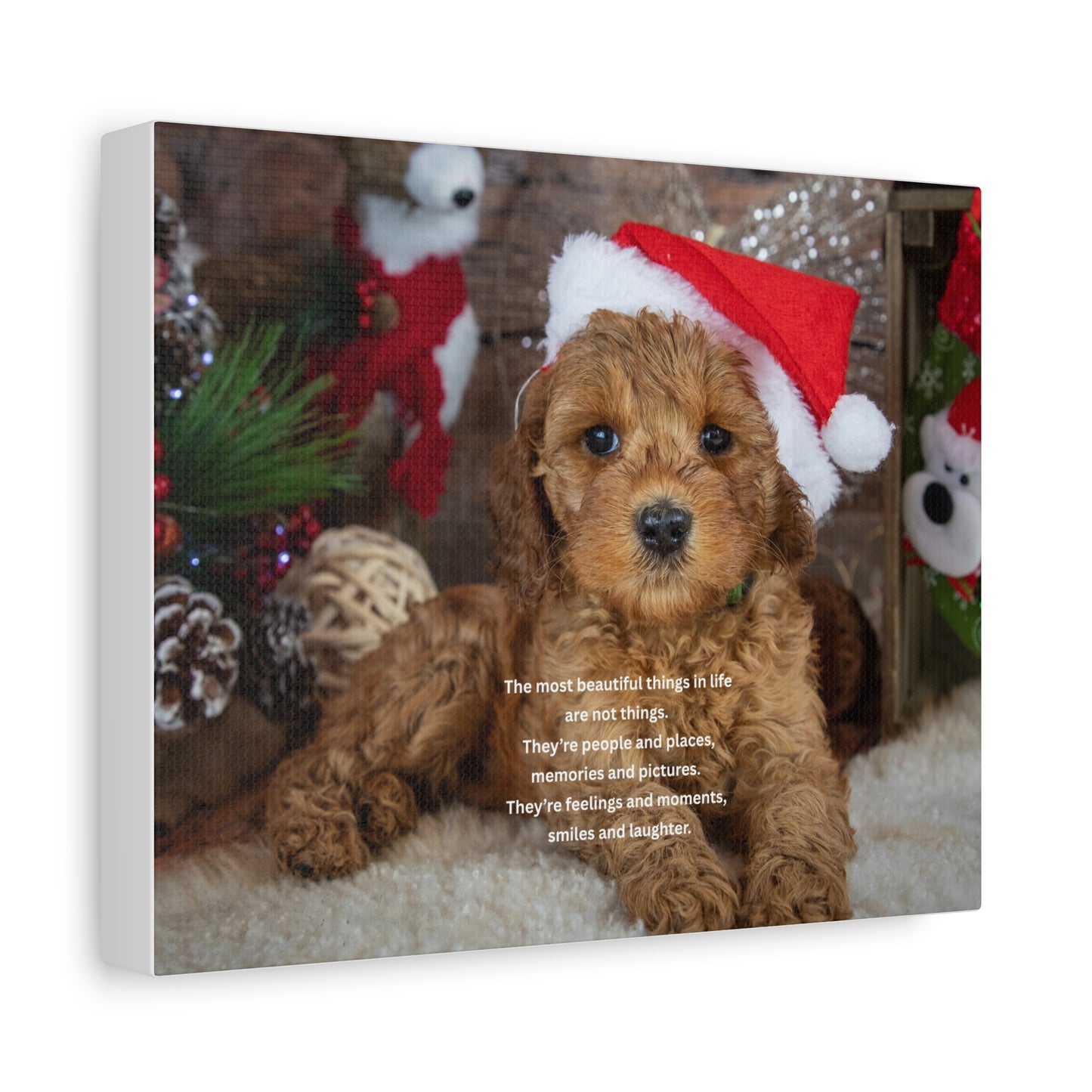 Christmas Puppy Canvas Wall Art — Holiday Dog Photo with Santa Hat & Inspirational Quote