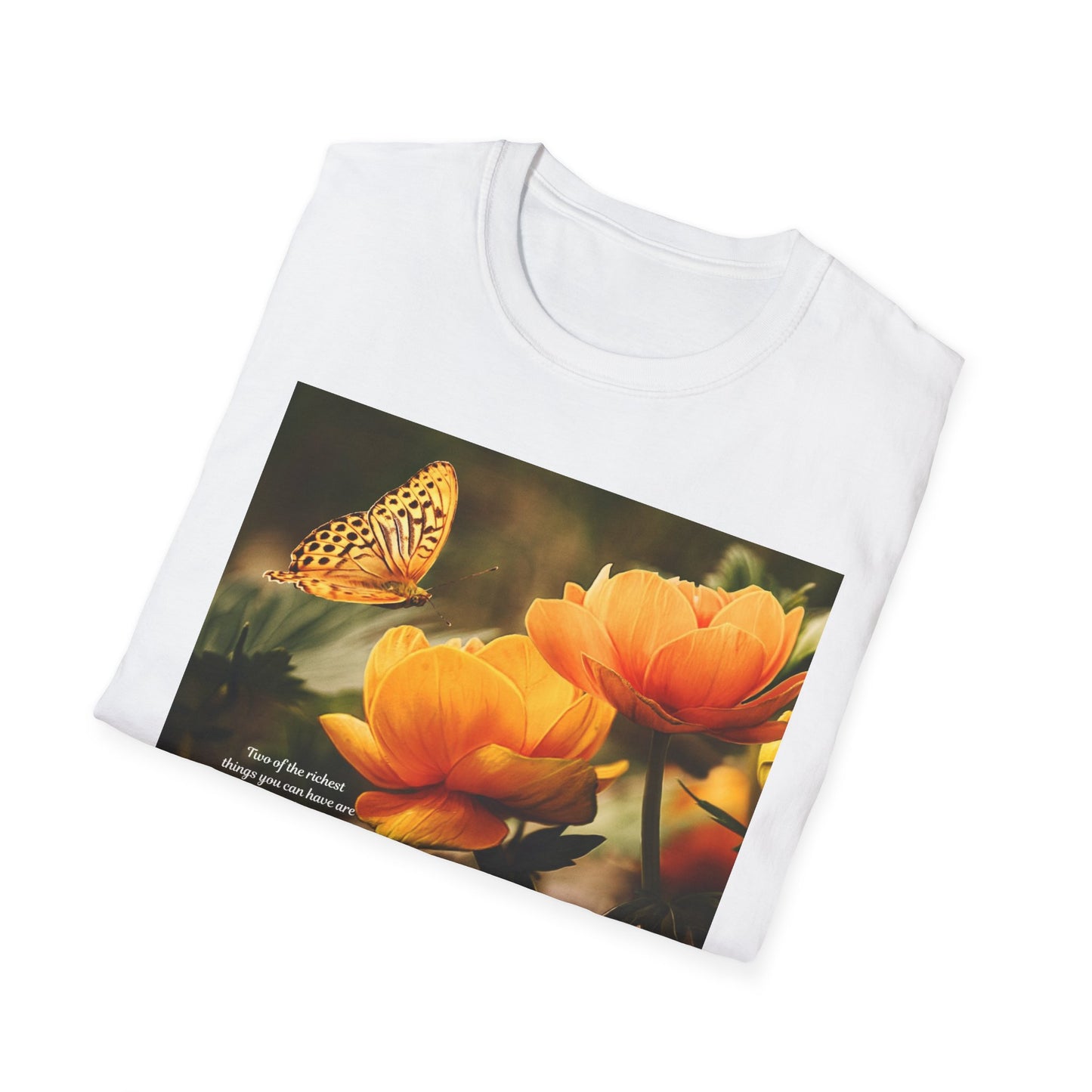 Butterfly & Flower  Softstyle T-Shirt, Nature Tee, Gift for Nature Lovers, Floral Art Shirt, Casual Wear, Summer Top