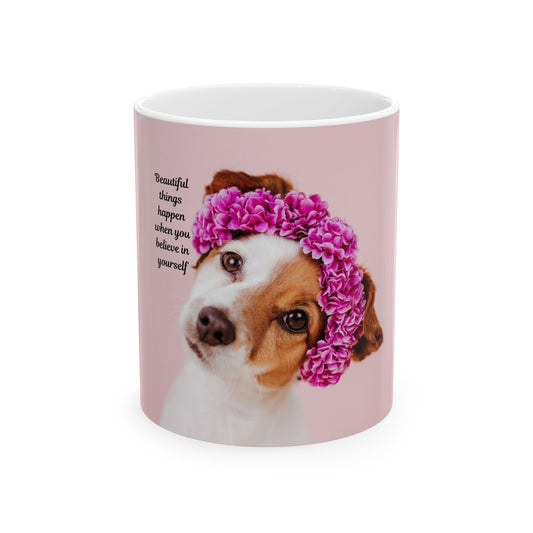 Cute Dog Floral Ceramic Mug - Inspiring Quote for Dog Lovers, Coffee Lovers Gift, Heart Pattern Mug, Pet Owner Gift, Inspirational Drinkware