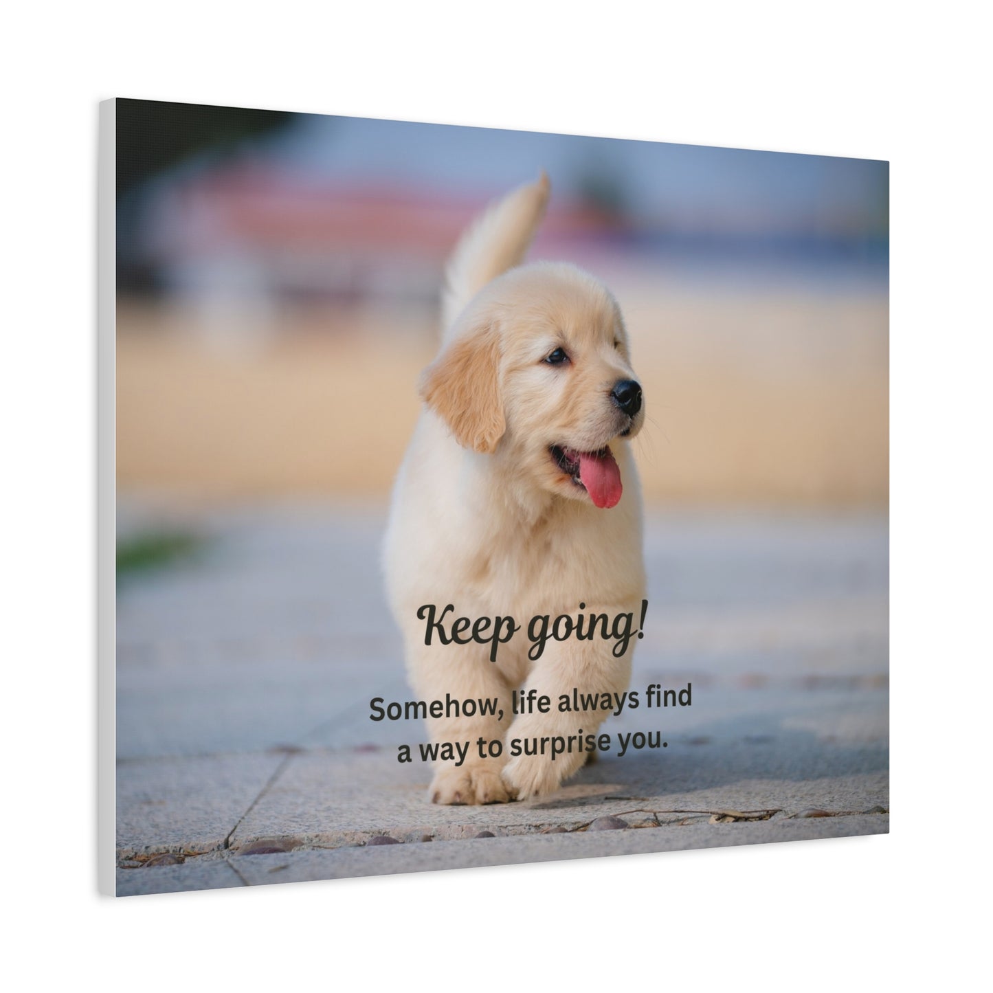 Motivational Puppy Canvas Print — "Keep going! Somehow, life always finds a way to surprise you."