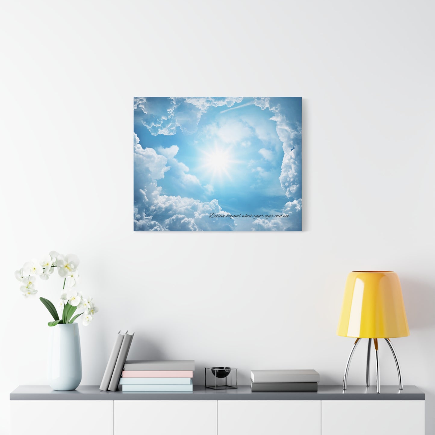 Inspirational Canvas Wall Art, Hopeful Sky Decor, Uplifting Home Decoration, Belief Quote Artwork, Bright Blue Clouds