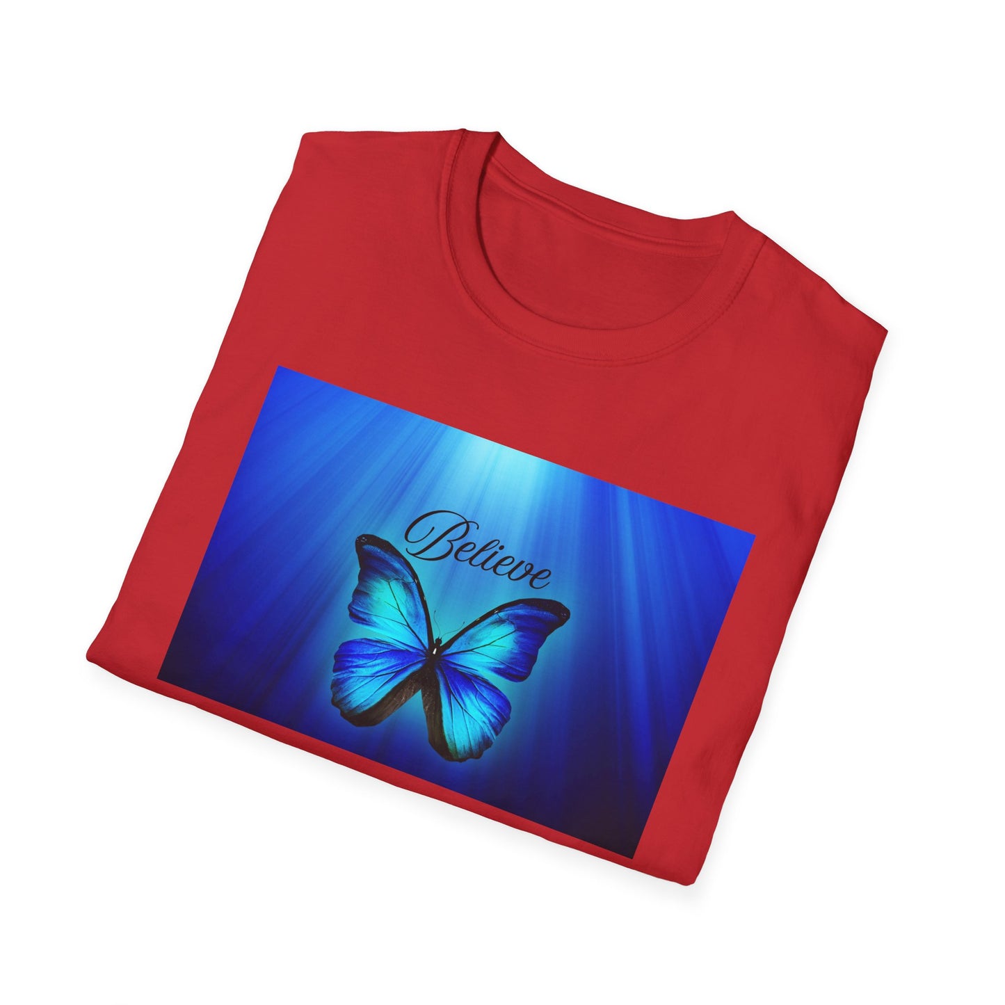Believe Butterfly Softstyle T-Shirt, Inspirational Tee, Gift for Nature Lovers, Motivational Apparel, Summer Outfit, Colorful Shirt