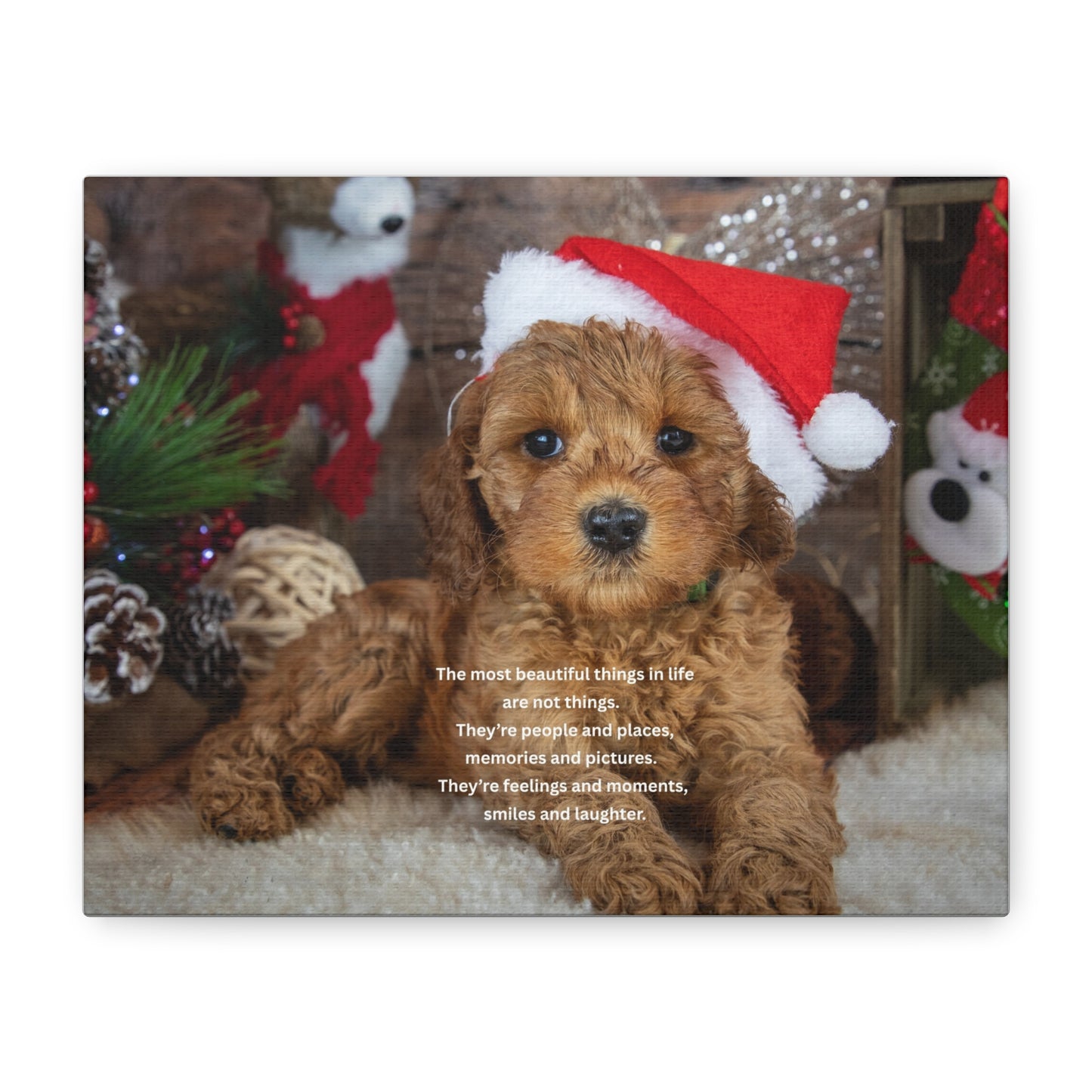 Christmas Puppy Canvas Wall Art — Holiday Dog Photo with Santa Hat & Inspirational Quote
