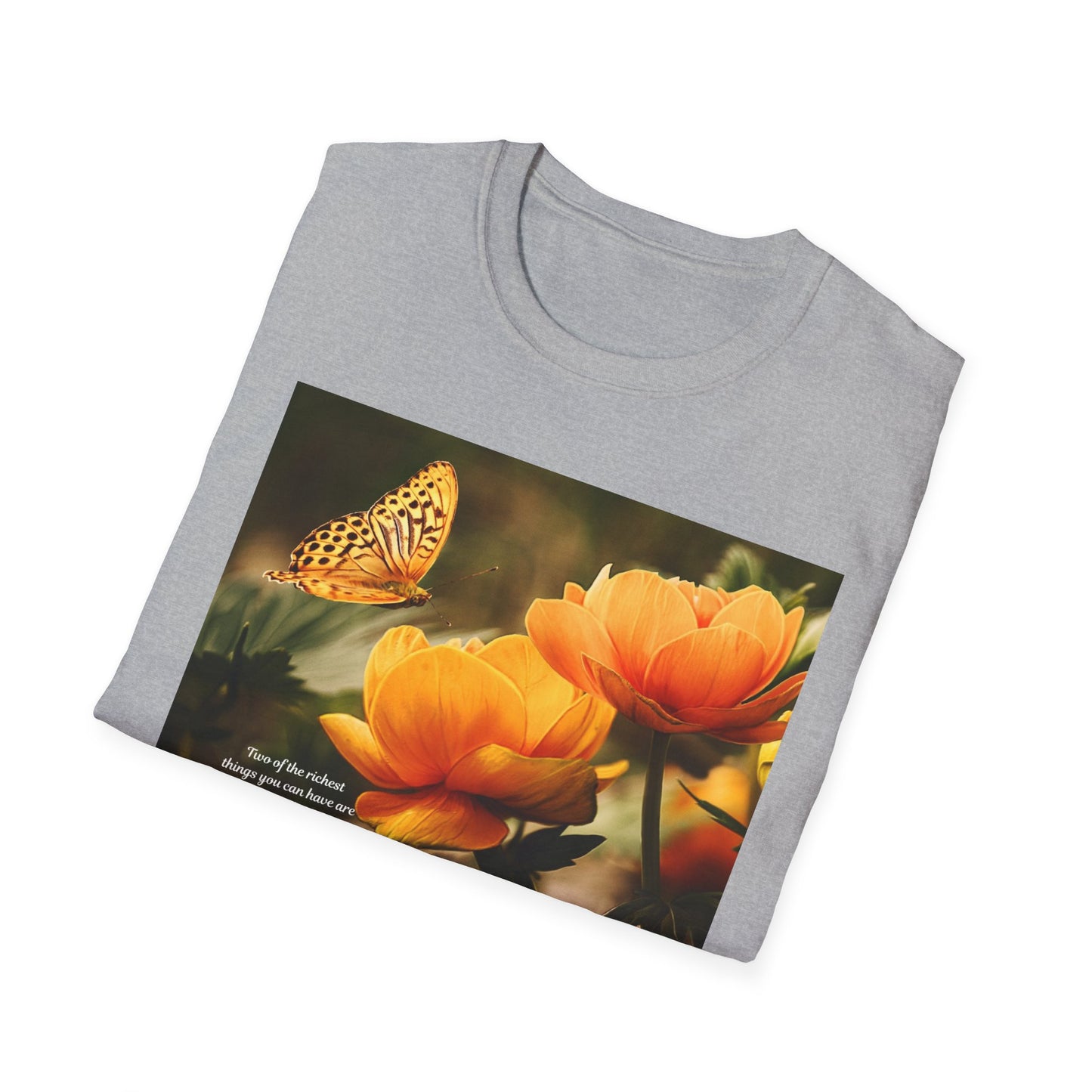 Butterfly & Flower  Softstyle T-Shirt, Nature Tee, Gift for Nature Lovers, Floral Art Shirt, Casual Wear, Summer Top