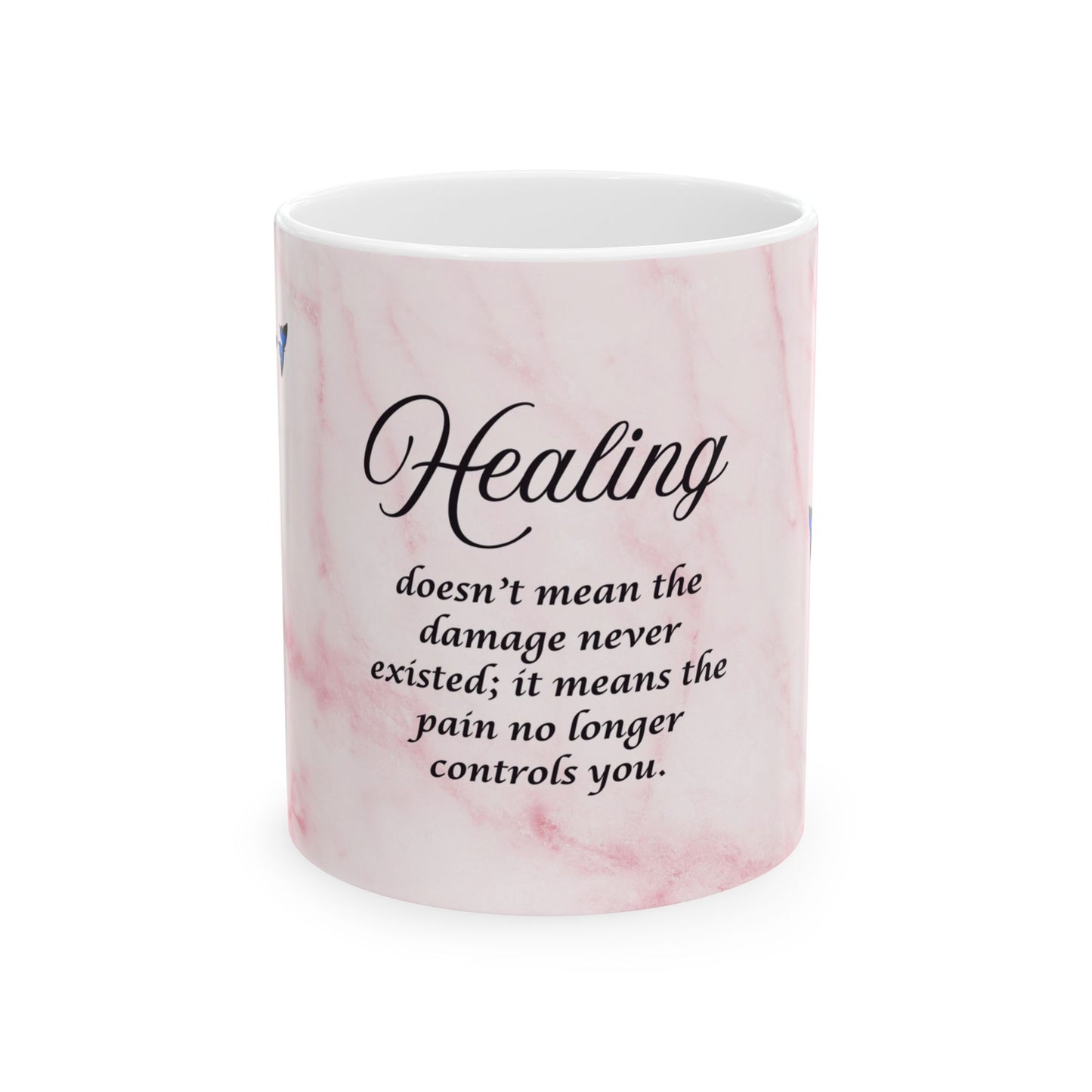 Healing Quote Mug — Pink Marble Butterfly Inspirational Ceramic Coffee Cup (11oz/15oz)
