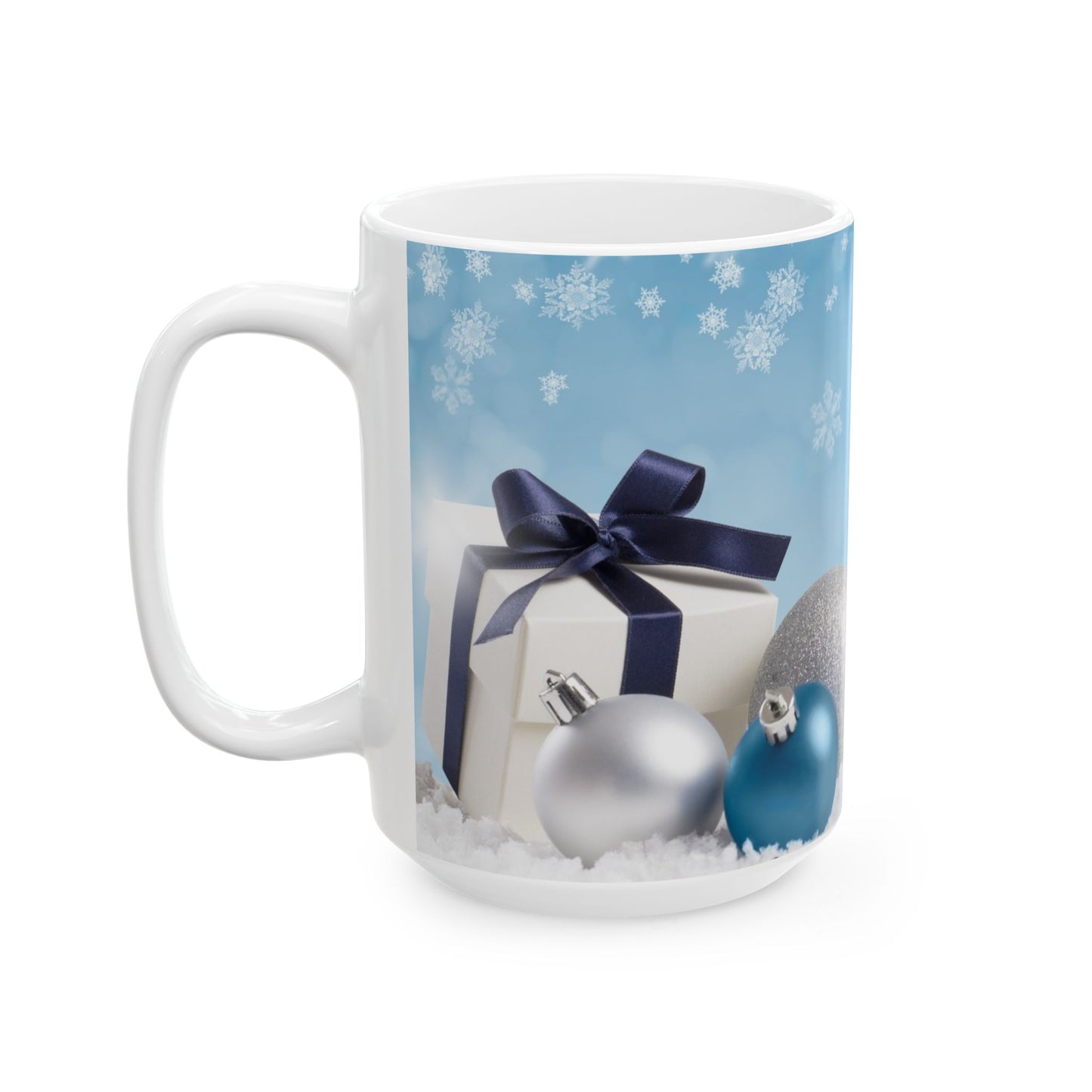 Holiday Snowman Ceramic Mug — Merry Christmas Blue Ornament Design (11oz, 15oz)