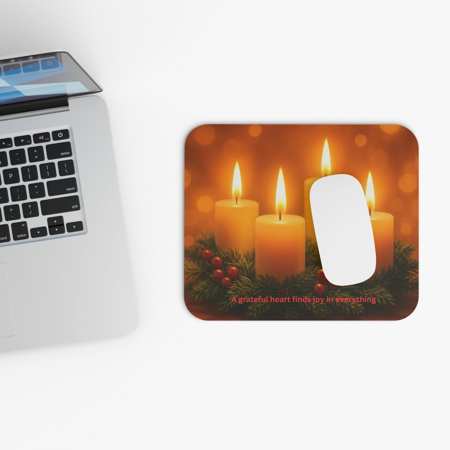 Holiday Candle Mouse Pad – "A Grateful Heart Finds Joy in Everything" Desk Mat