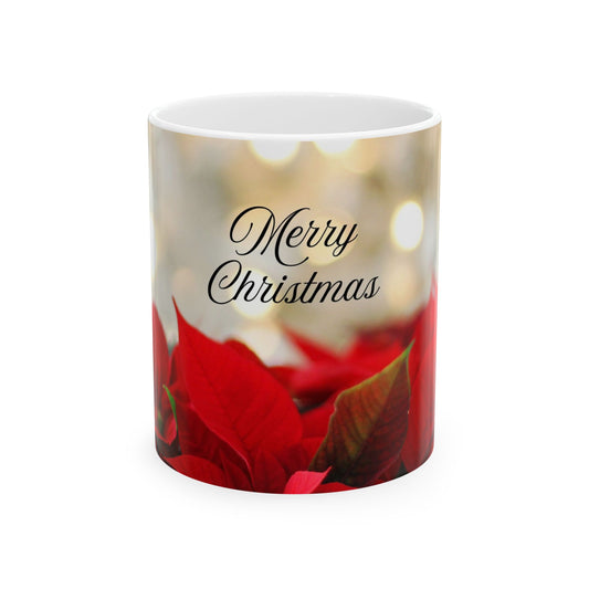 Merry Christmas Floral Mug - Perfect Holiday Gift, Coffee Tea Cup, Seasonal Decor, Red Poinsettia Design, 11oz & 15oz