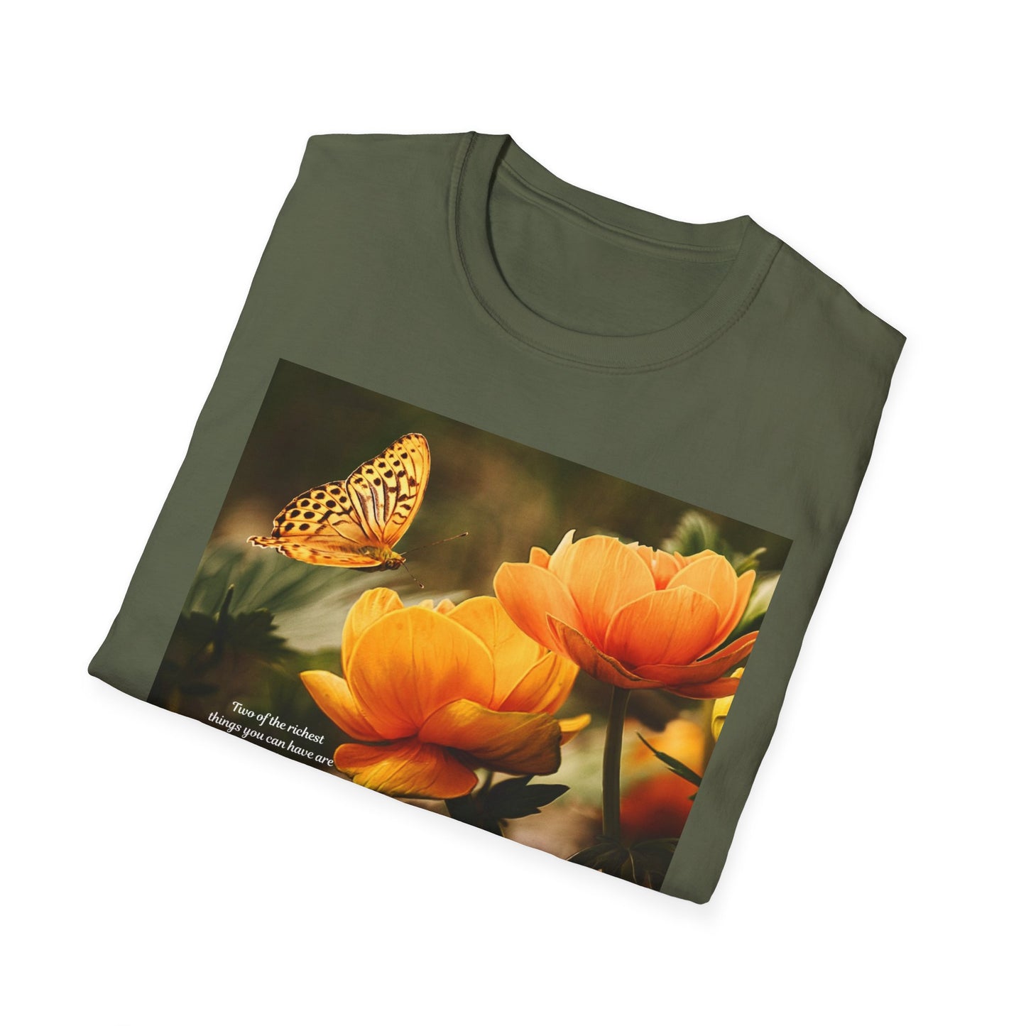 Butterfly & Flower  Softstyle T-Shirt, Nature Tee, Gift for Nature Lovers, Floral Art Shirt, Casual Wear, Summer Top