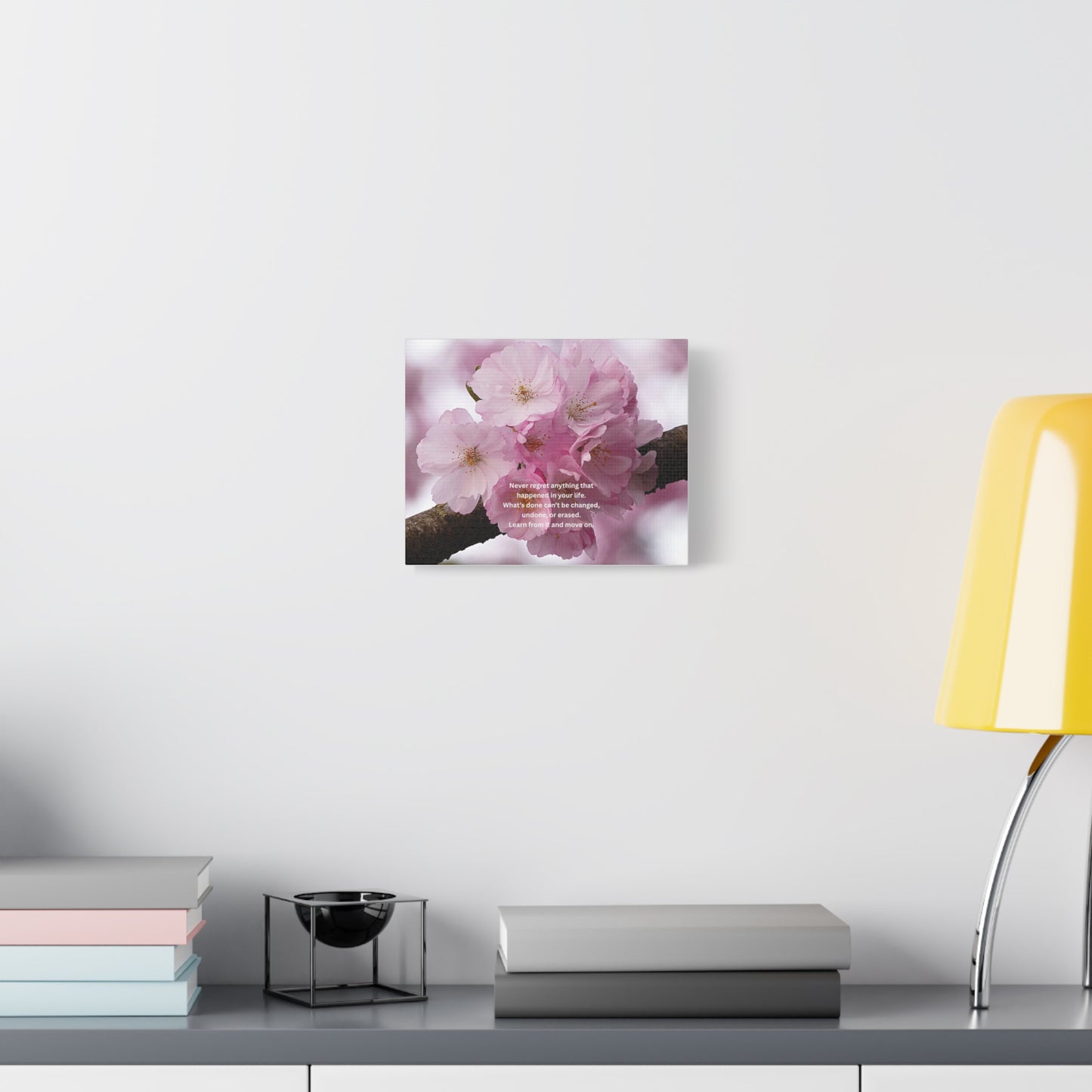 Cherry Blossom Canvas Wall Art with Inspirational Quote — "Never regret anything"