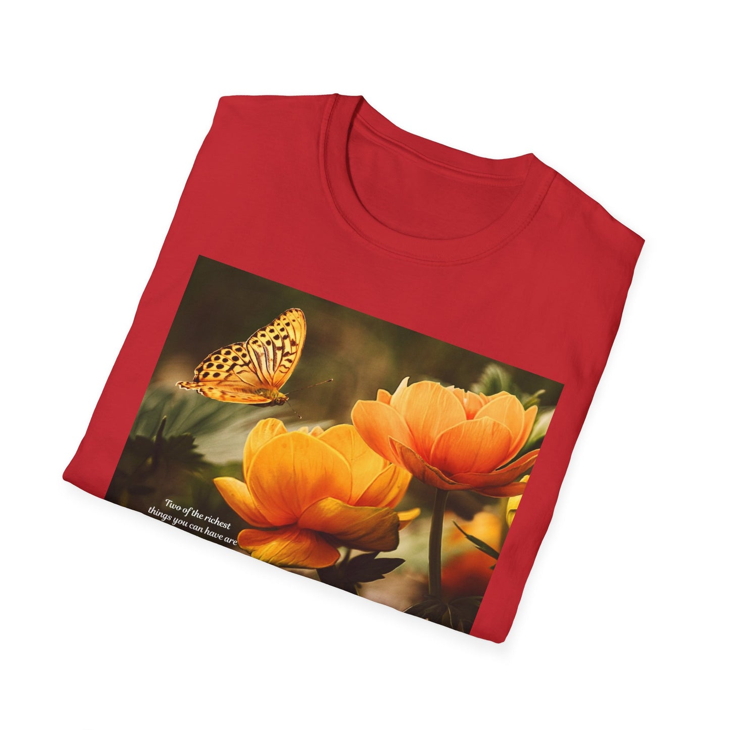 Butterfly & Flower  Softstyle T-Shirt, Nature Tee, Gift for Nature Lovers, Floral Art Shirt, Casual Wear, Summer Top