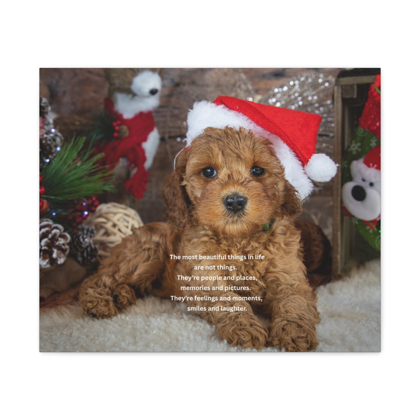 Christmas Puppy Canvas Wall Art — Holiday Dog Photo with Santa Hat & Inspirational Quote