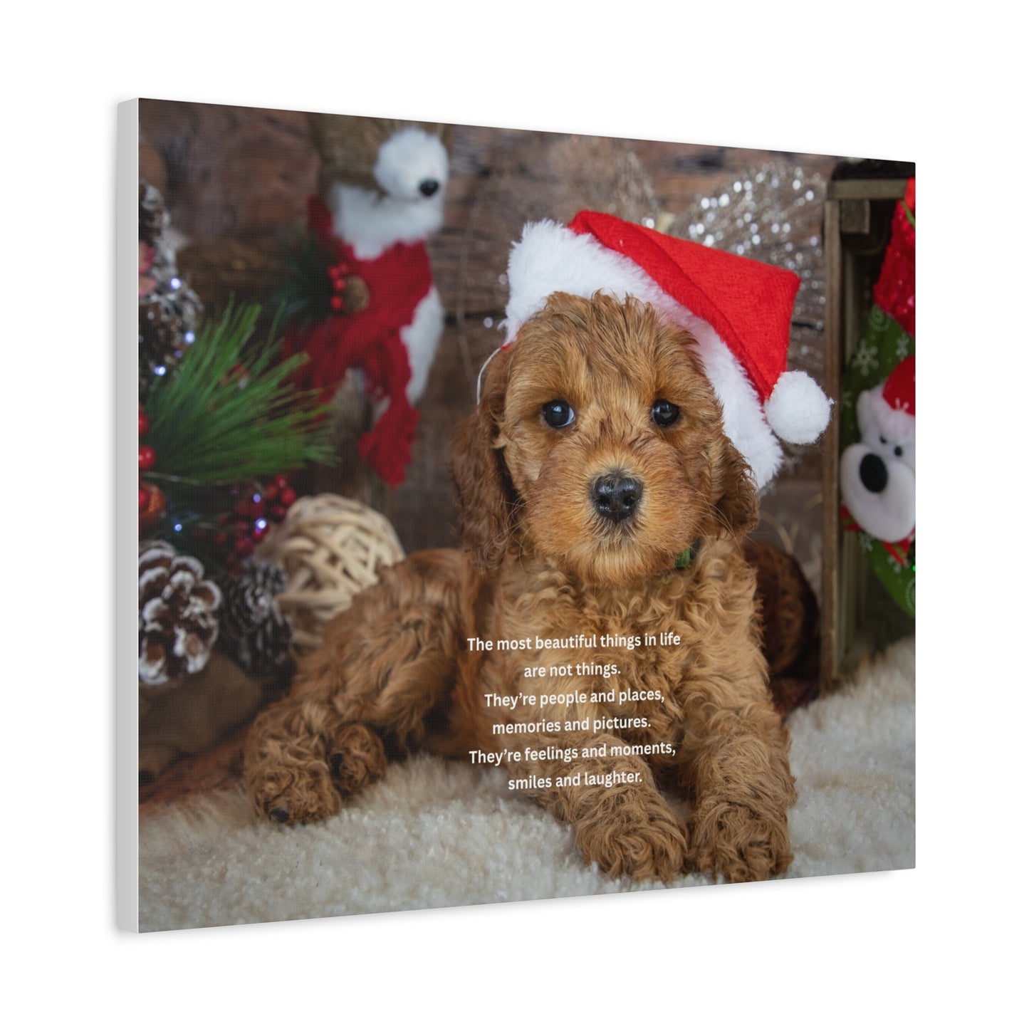Christmas Puppy Canvas Wall Art — Holiday Dog Photo with Santa Hat & Inspirational Quote