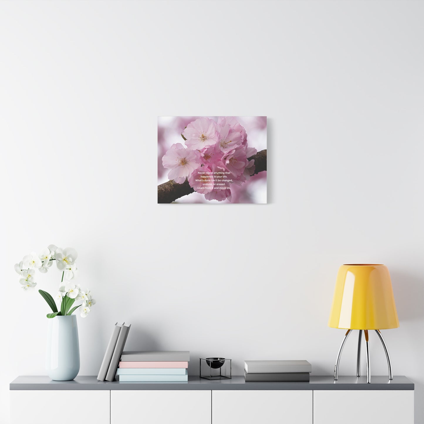 Cherry Blossom Canvas Wall Art with Inspirational Quote — "Never regret anything"