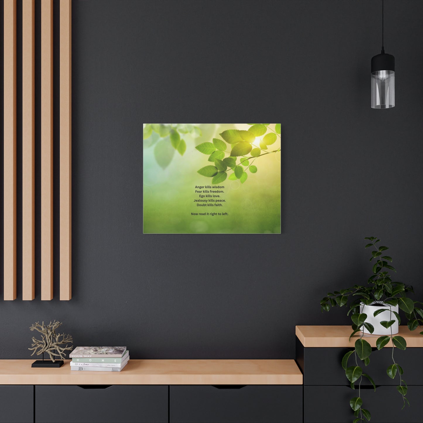 Inspirational Leaf Canvas Wall Art — "Anger kills wisdom... Now read it right to left"