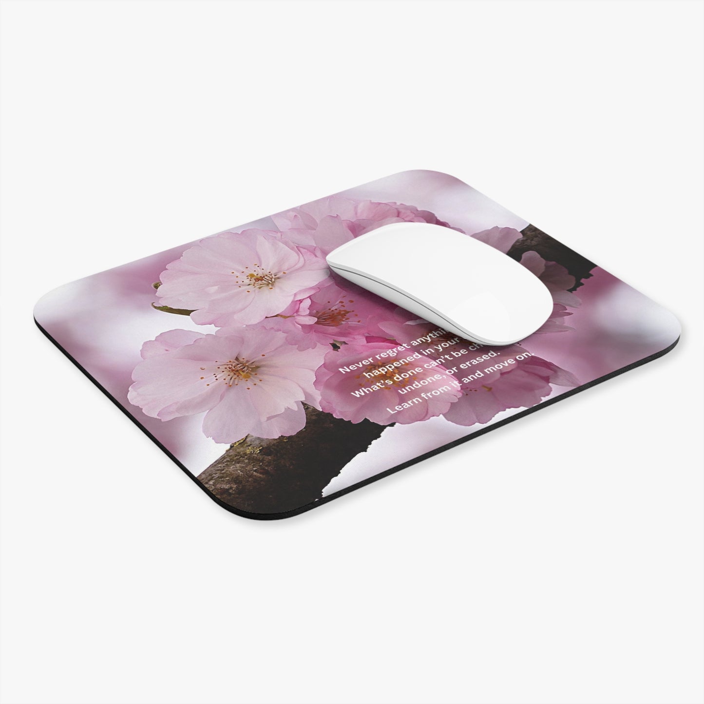 Cherry Blossom Mouse Pad with Inspiring Quote — 'Never Regret' Floral Desk Mat